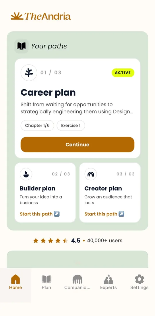 Home screen with Career, Builder and Creator paths